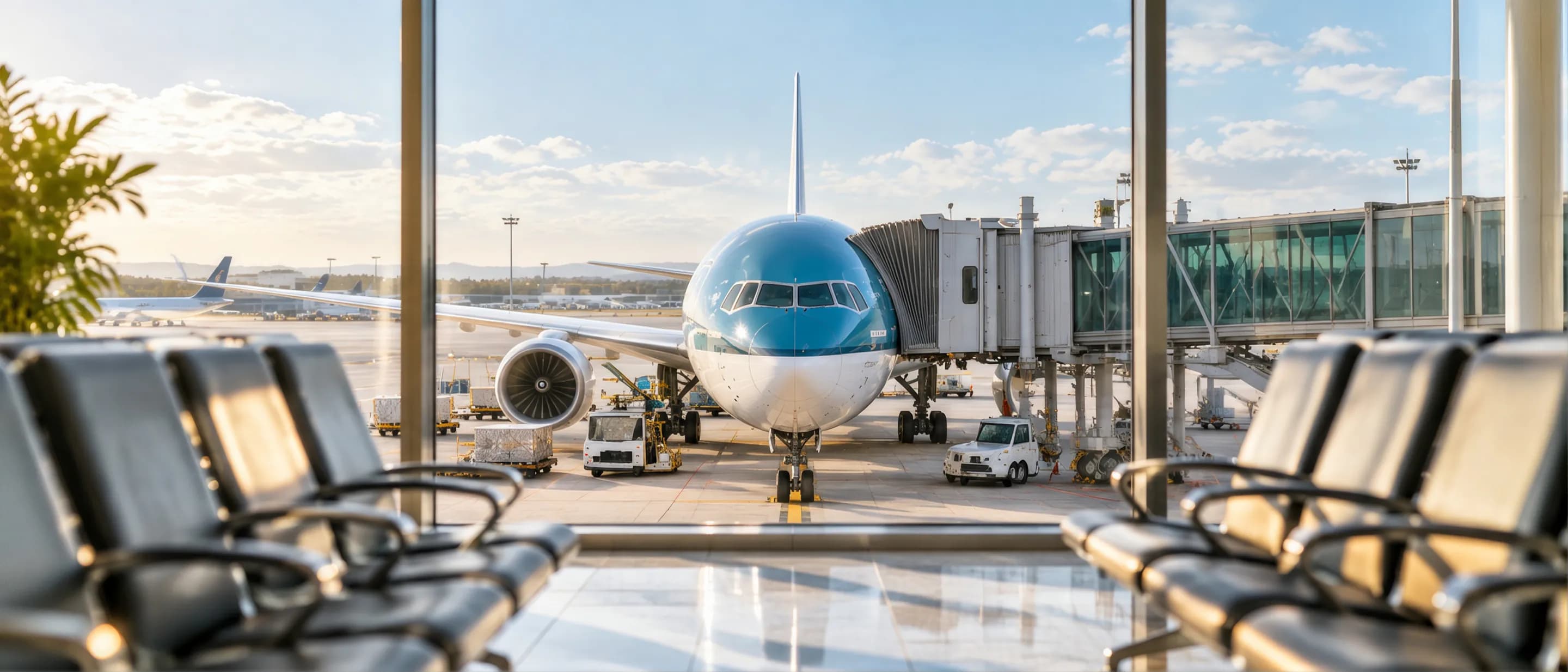 Passenger jet parked at the gate, seen from an airport lounge